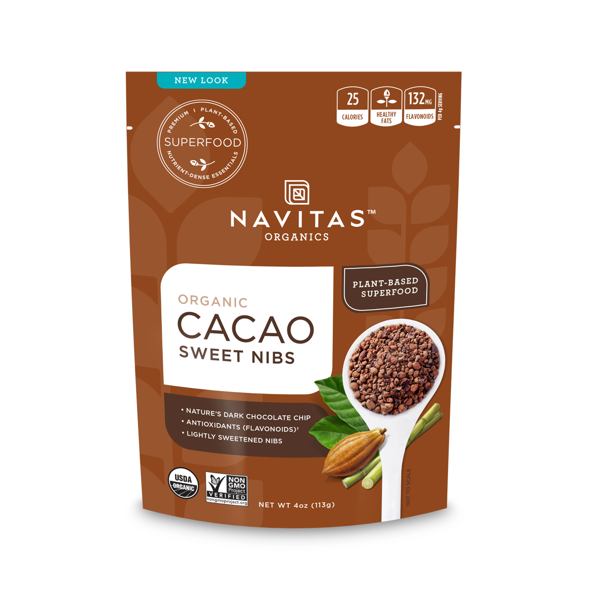 Navitas Organics 4 oz Cacao Sweet Nibs front of bag