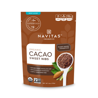 Navitas Organics 4 oz Cacao Sweet Nibs front of bag