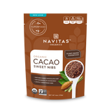 Navitas Organics 4 oz Cacao Sweet Nibs front of bag