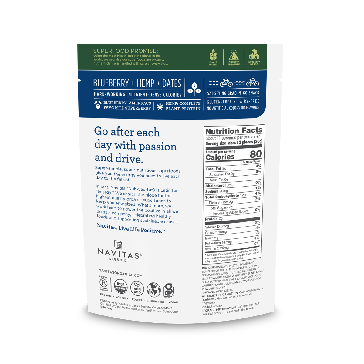Back of a Navitas Organics Blueberry Hemp Power Snacks package with text and nutrition facts.