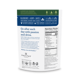 Back of a Navitas Organics Blueberry Hemp Power Snacks package with text and nutrition facts.