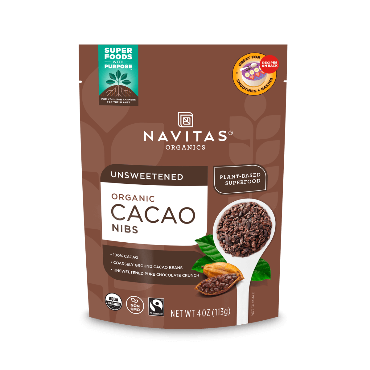 Navitas Organics 4oz Cacao Nibs front of bag