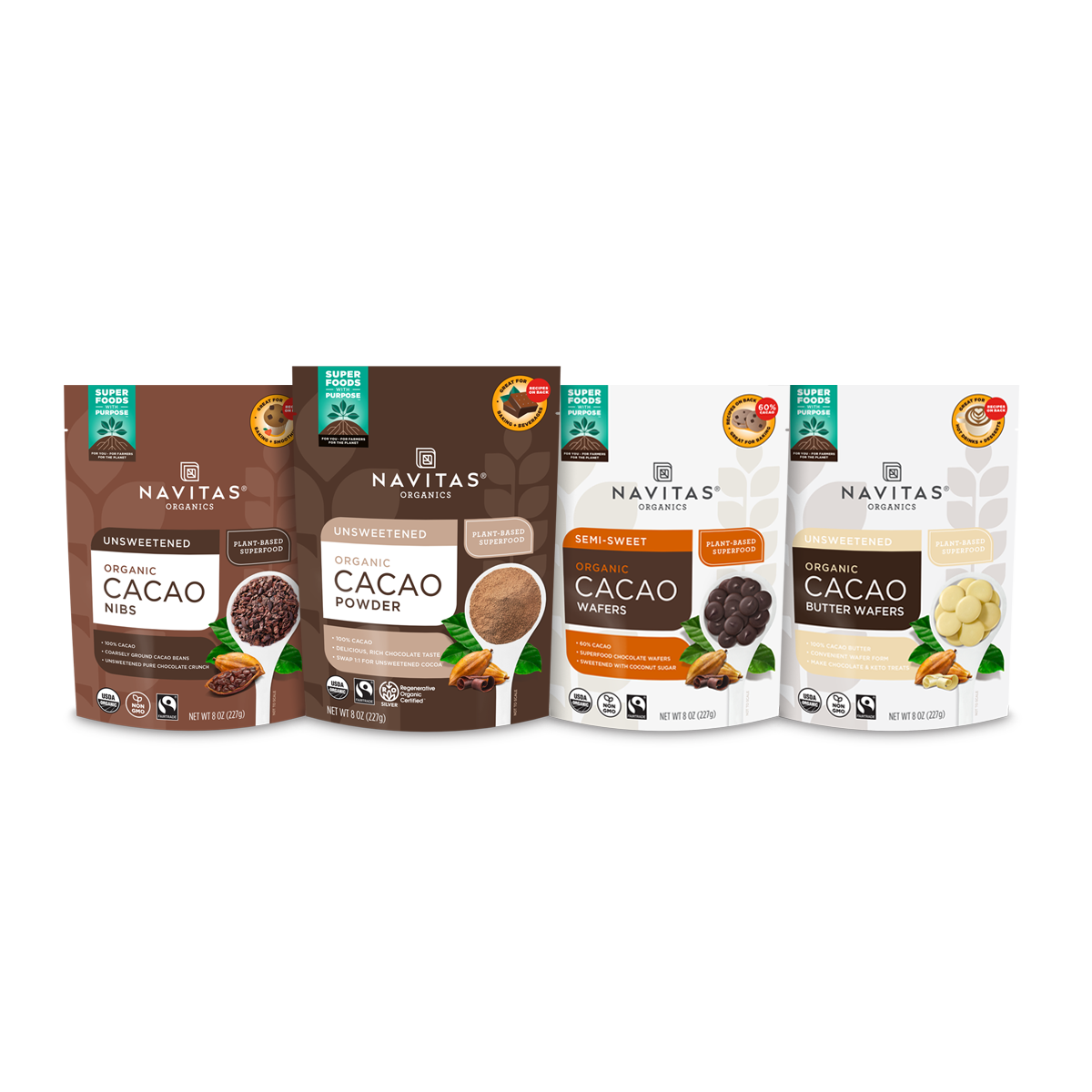 Navitas Organics Baker's Bundle featuring 8oz Unsweetened Cacao Nibs, Cacao Powder, Semi-sweet Cacao Wafers and Unsweetened Cacao Butter Wafers