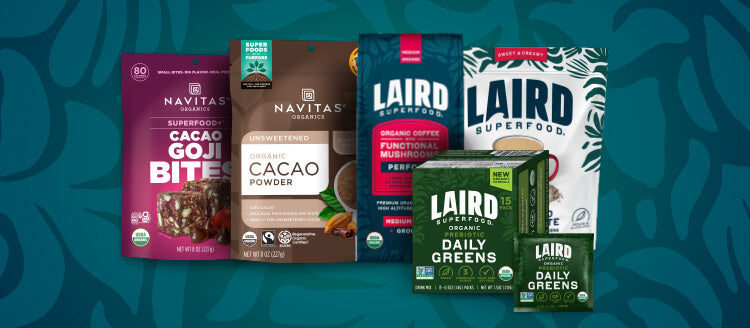 Collection of Navitas Organics and Laird Superfood packages on a blue background