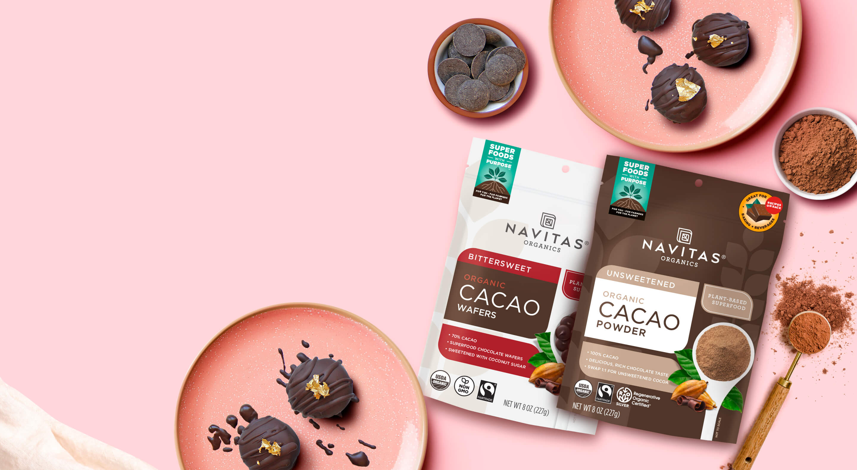 Navitas Organics cacao superfoods on a pink background