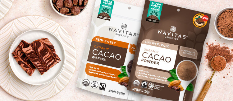 Navitas Organics Cacao Powder and Semi-sweet Cacao Wafers with chocolate treats