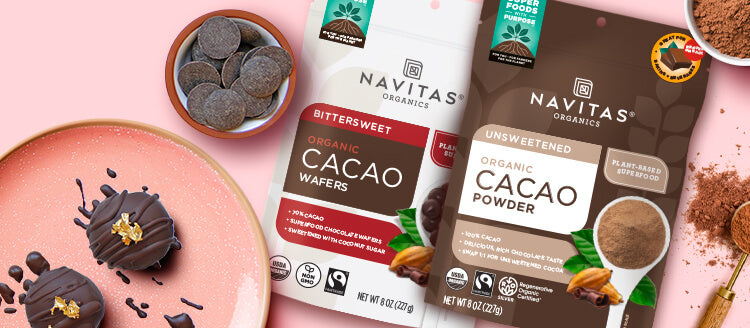 Navitas Organics cacao superfoods on a pink background