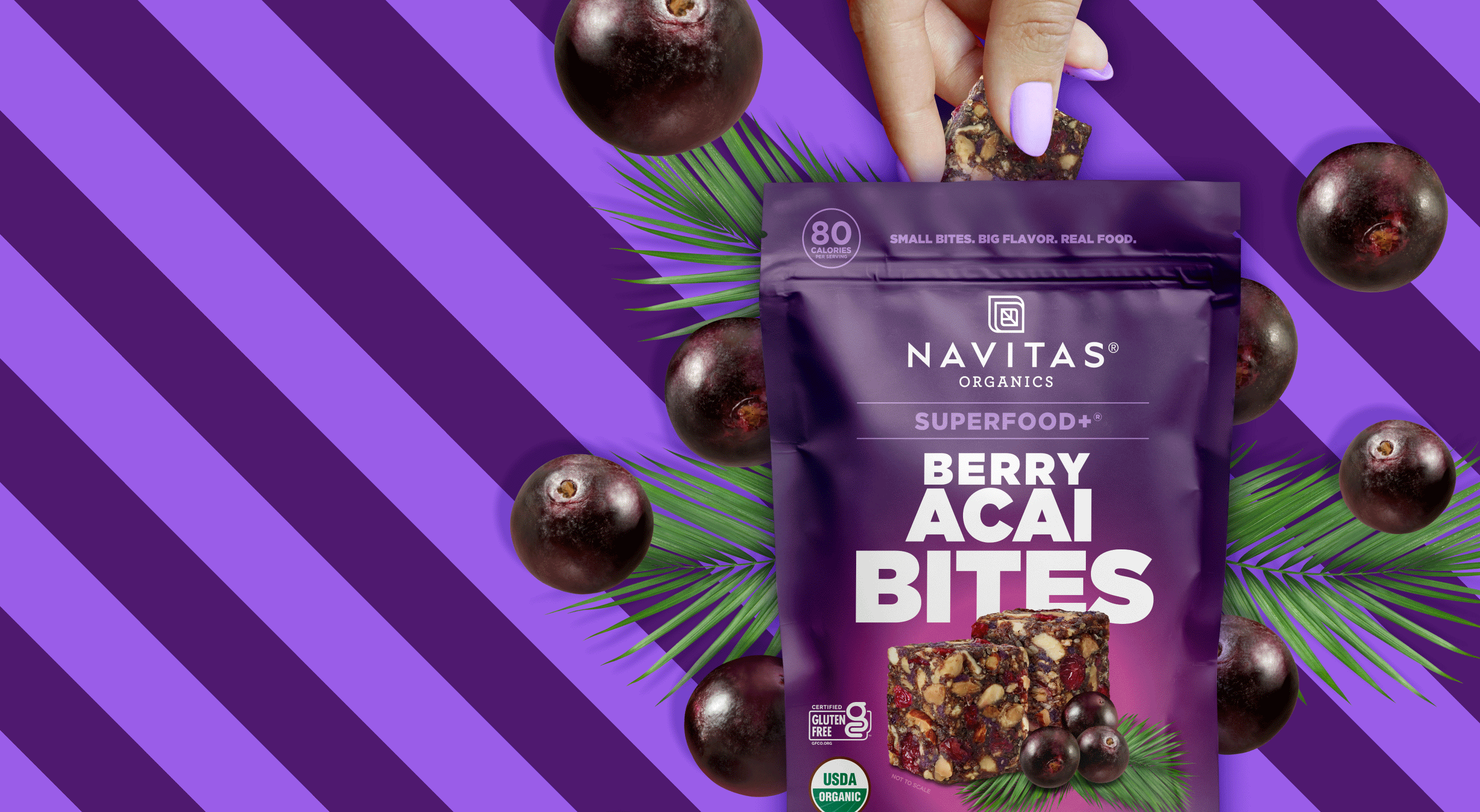 Promotional images for Navitas Organics Superfood+ BITES new flavors including Berry Acai, Lemon Cashew Matcha and Salted Peanut Chocolate against a striped colored background.