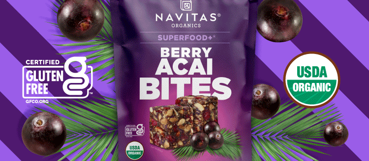 Promotional images for Navitas Organics Superfood+ BITES new flavors including Berry Acai, Lemon Cashew Matcha and Salted Peanut Chocolate against a striped colored background.