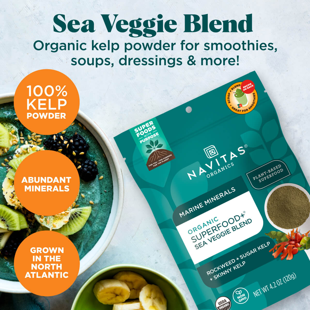 Navitas Organics Superfood+ Sea Veggie Blend is 100% organic kelp powder for smoothies, soups, dressings & more! It's abundant in minerals and grown in the North Atlantic.