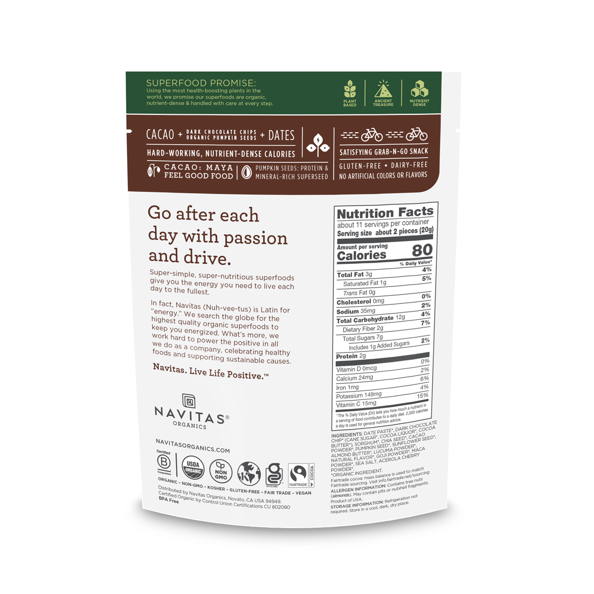 Back of a Navitas Organics Chocolate Brownie Power Snacks package with nutrition facts and branding on a white background