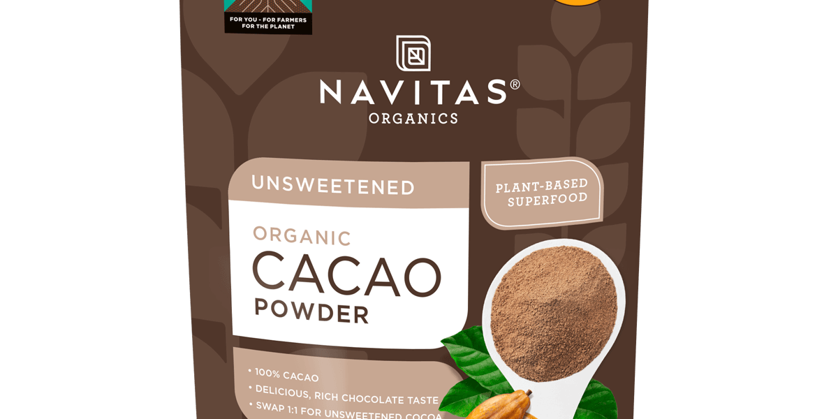 Navitas Organics organic cacao powder bag, matching the official Navitas Organics product page packaging