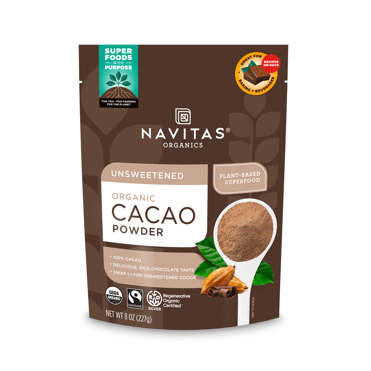 Navitas Organics Regenerative Organic Certified Unsweetened Cacao Powder 8oz. front of bag