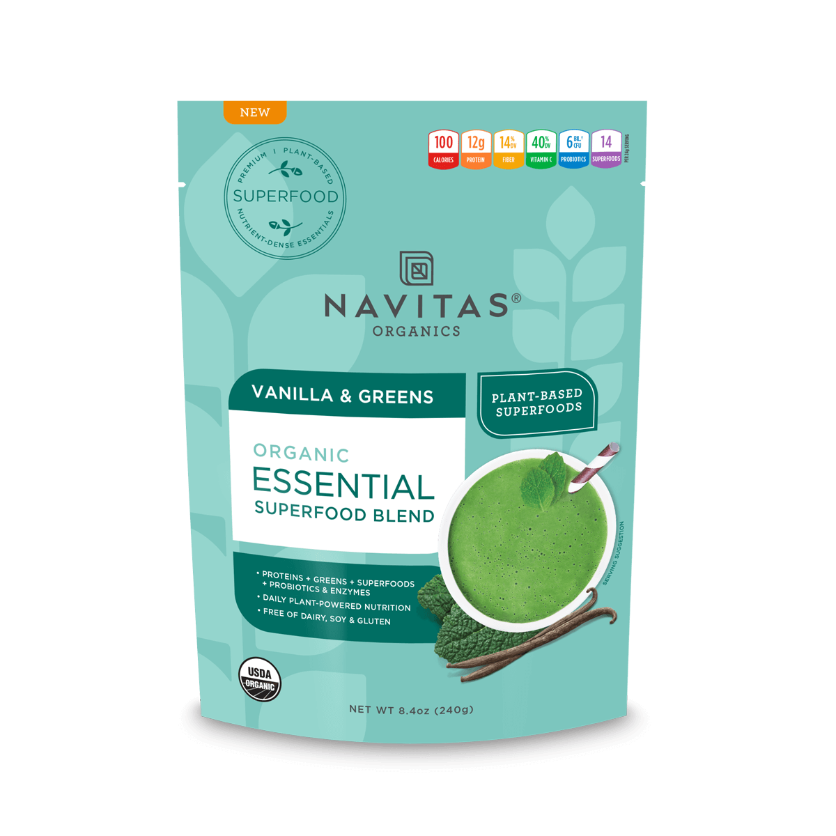 Navitas Organics Essential Superfood Blend Vanilla & Greens Protein Powder 8oz front of package.
