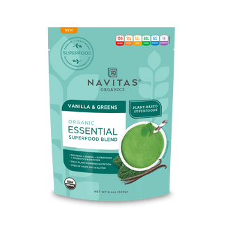 Navitas Organics Essential Superfood Blend Vanilla & Greens Protein Powder 8oz front of package.