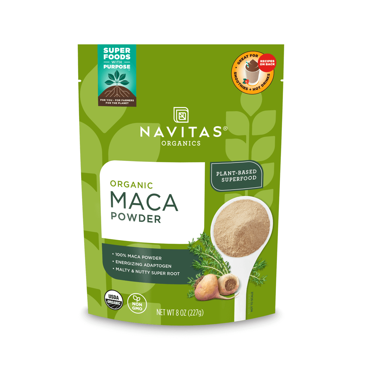 Navitas Organics Maca Powder 8oz. front of bag.