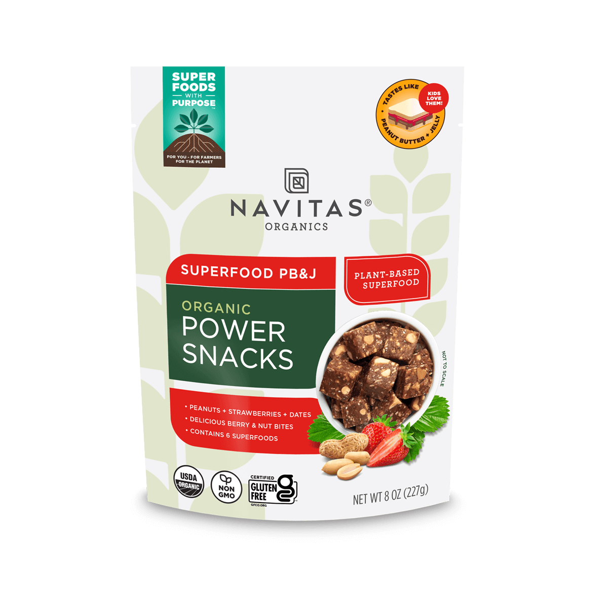 Navitas Organics Superfood PB&J Power Snacks 8 oz. front of bag.
