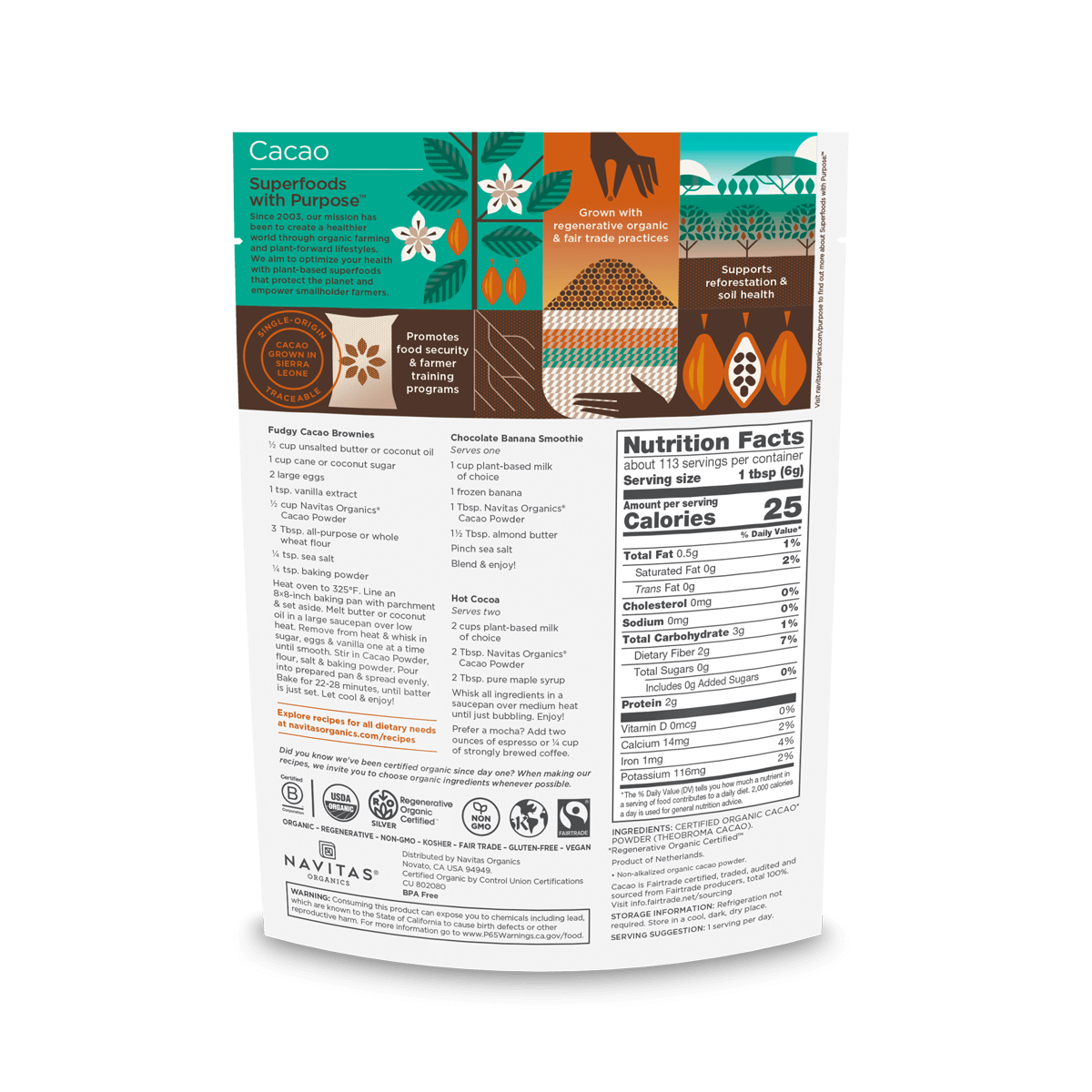 Navitas Organics Regenerative Organic Certified Cacao Powder 24oz. back of bag