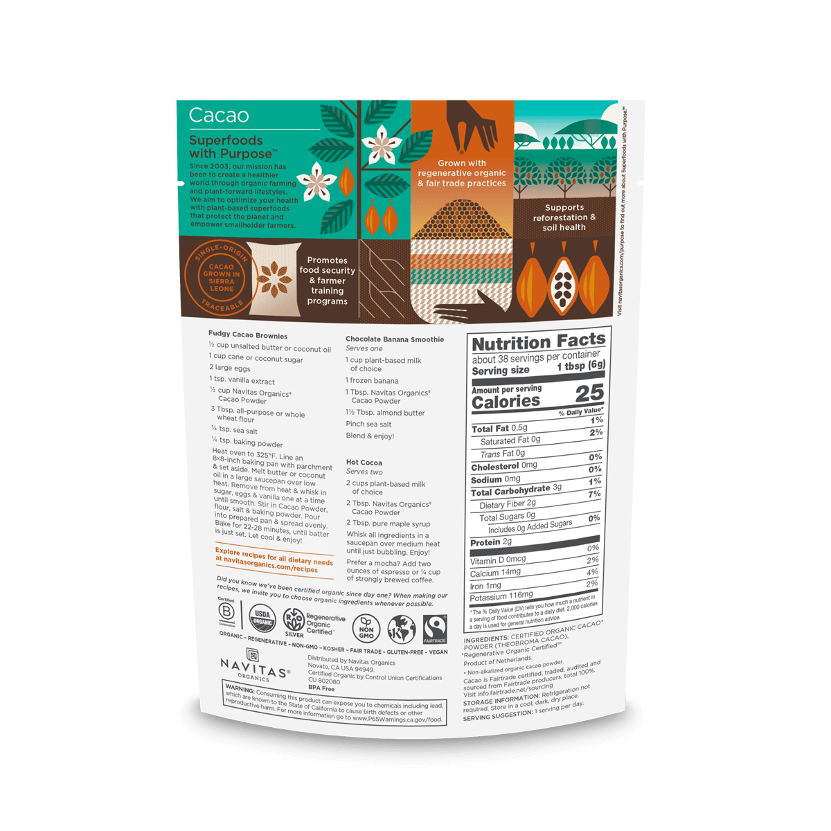 Navitas Organics Regenerative Organic Certified Cacao Powder 8oz. back of bag