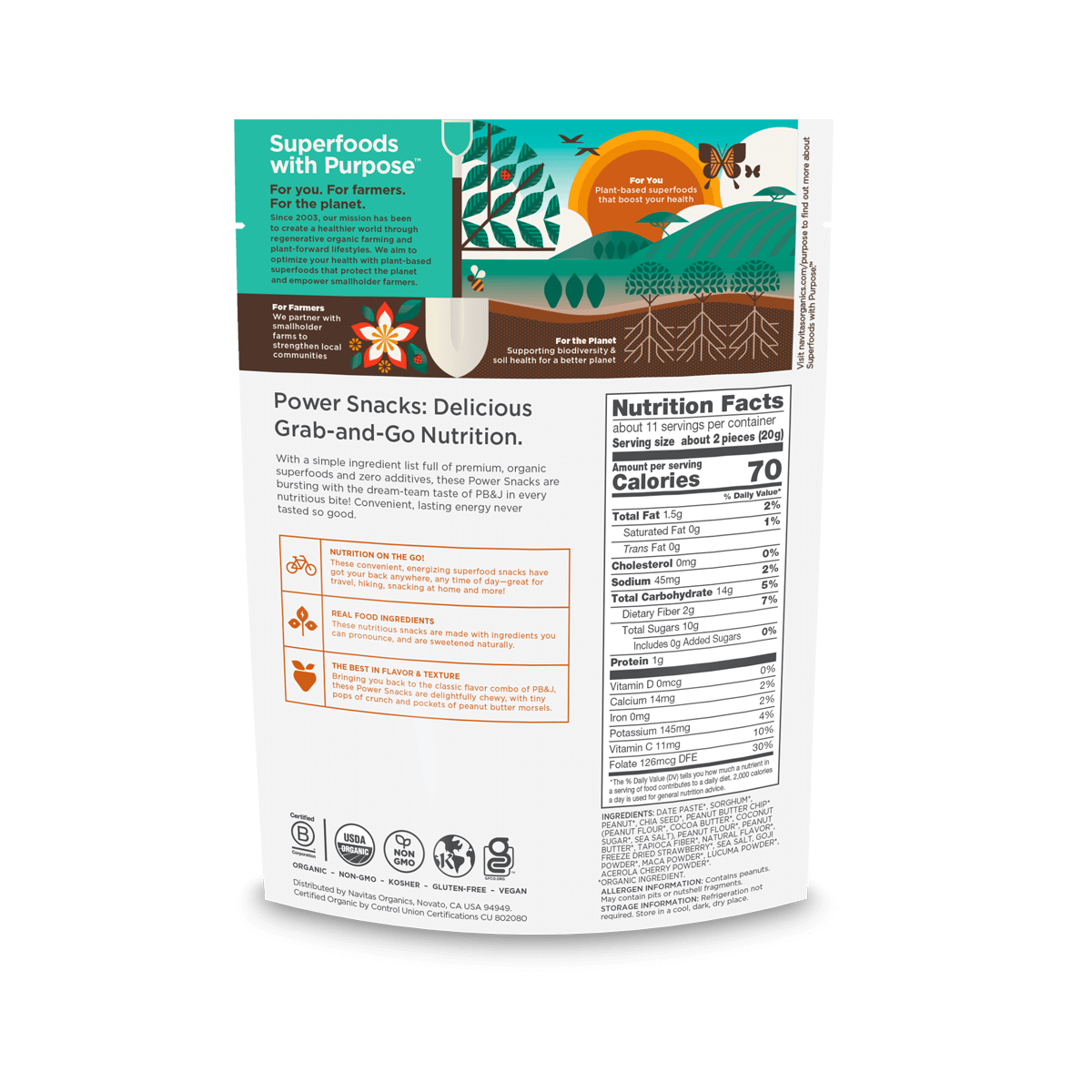 Navitas Organics Superfood PB&J 8oz. back of pack.