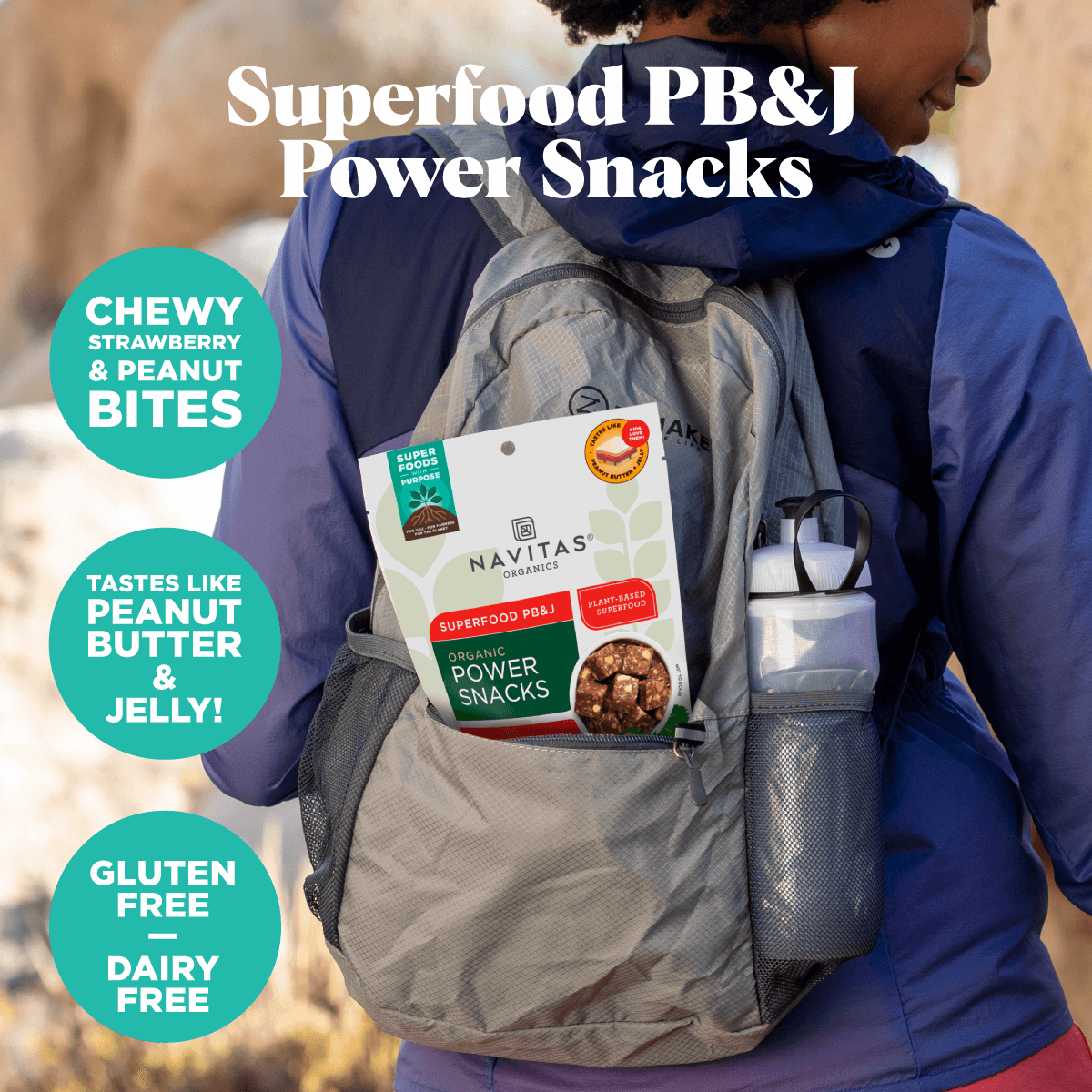 Navitas Organics Superfood PB&J Power Snacks are chewy strawberry and peanut bites that taste just like peanut butter and jelly. They're gluten-free and dairy-free.