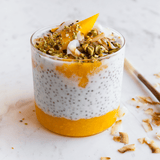 Chia pudding topped with fruits and nuts, made with Navitas Chia Seeds.