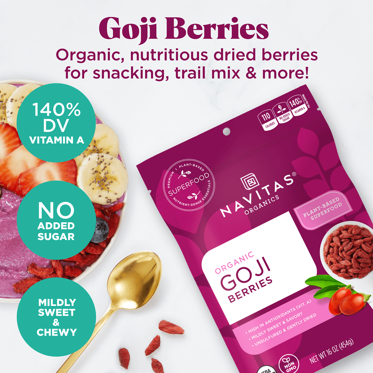 Goji Berries. Organic, nutritious dried berries for snacking, trail mix & more! 140% DV Vitamin A. No added sugar. Mildly sweet & chewy.