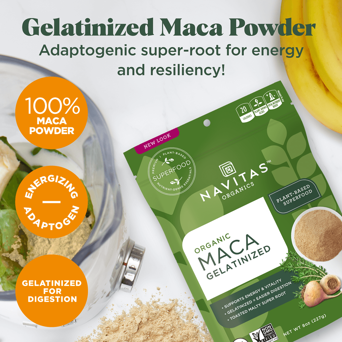 Gelatinized Maca Powder. Adaptogenic super-root for energy and resiliency! 100% Maca Powder. Energizing adaptogen. Gelatinized for digestion.
