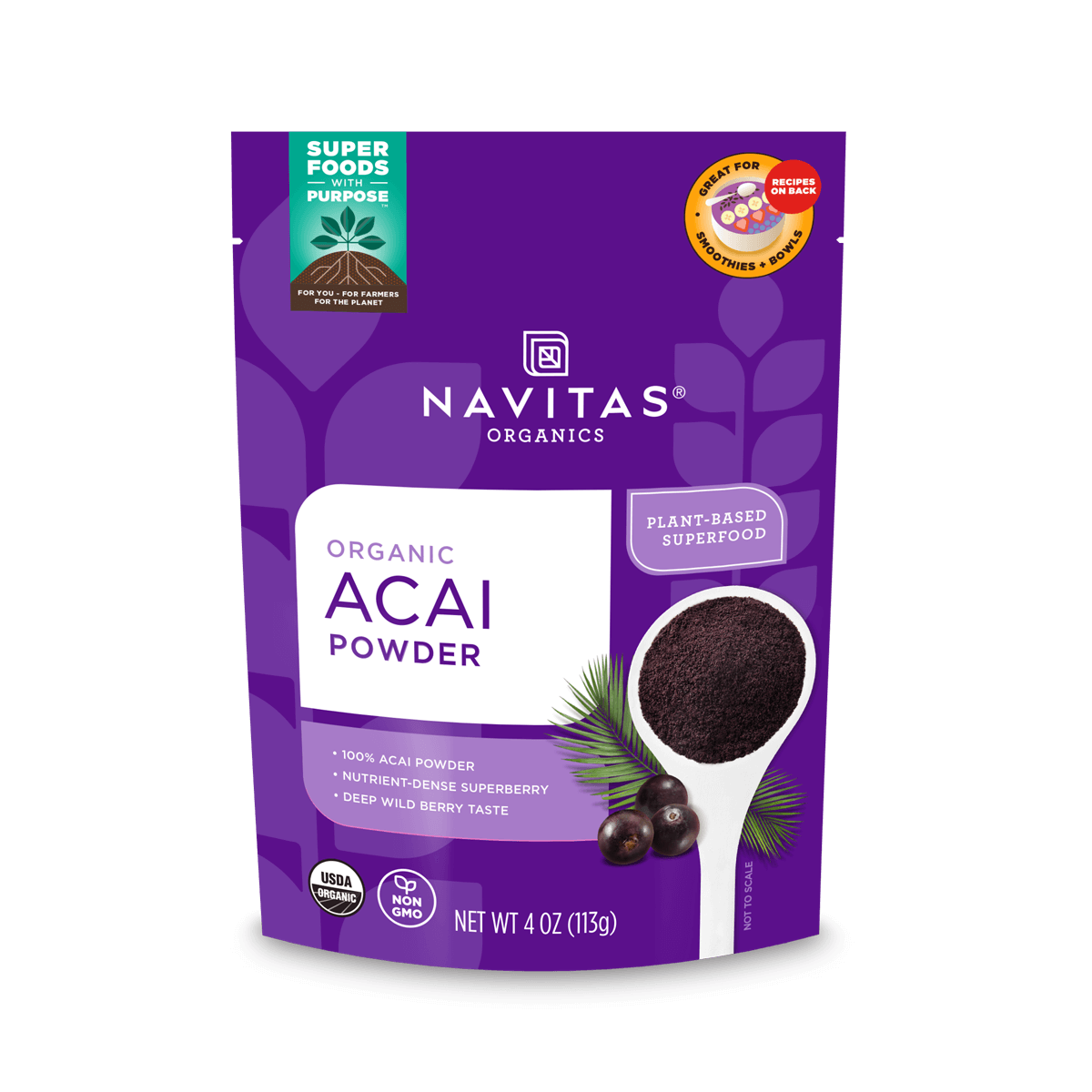 Navitas Organics Acai Powder 4 oz front of bag