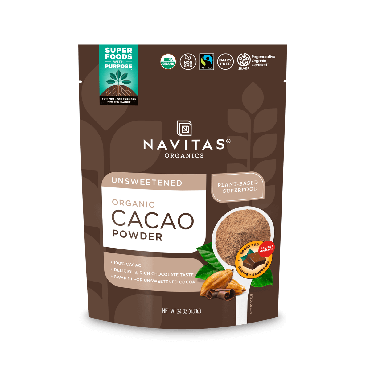 Navitas Organics Regenerative Organic Certified Cacao Powder 24oz. front of bag